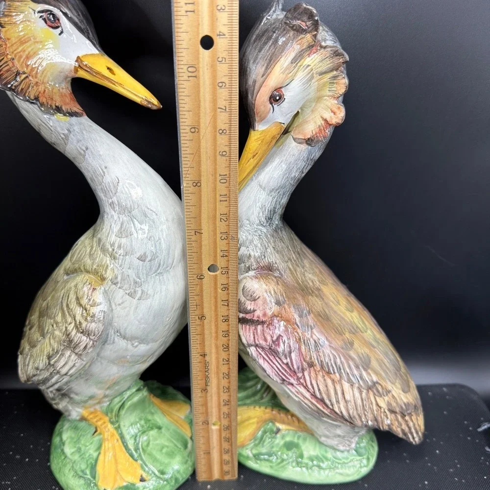 Italian Grebe Water Bird Figurines Set Majolica Stork Crane Hand Painted Italy